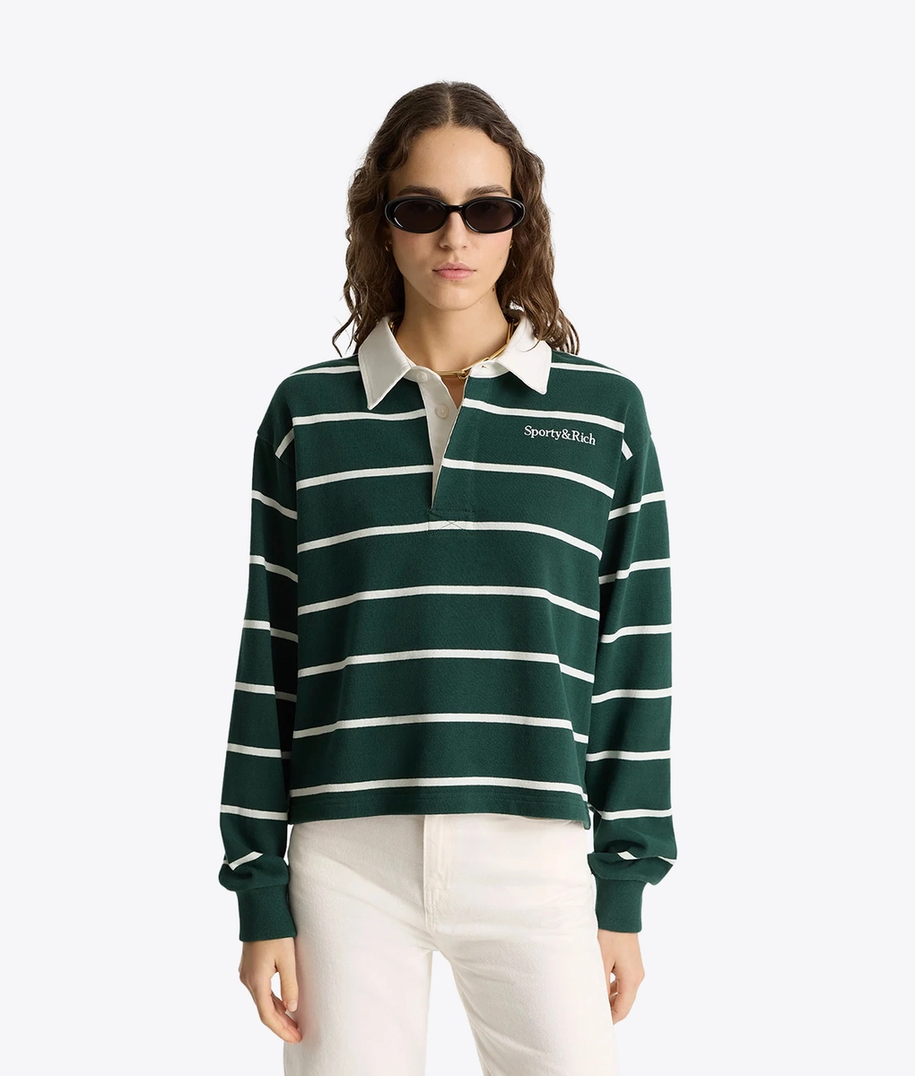 sporty & rich ×  polo tee Sporty & Rich - SPORTY & RICH SERIF LOGO CROPPED RUGBY POLO FOREST