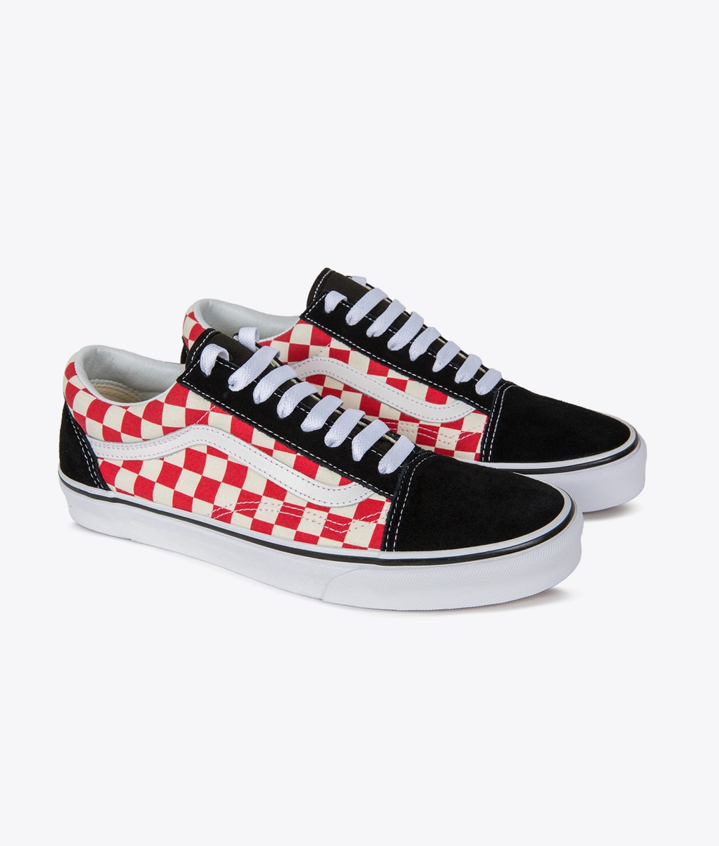 checkered red and black vans