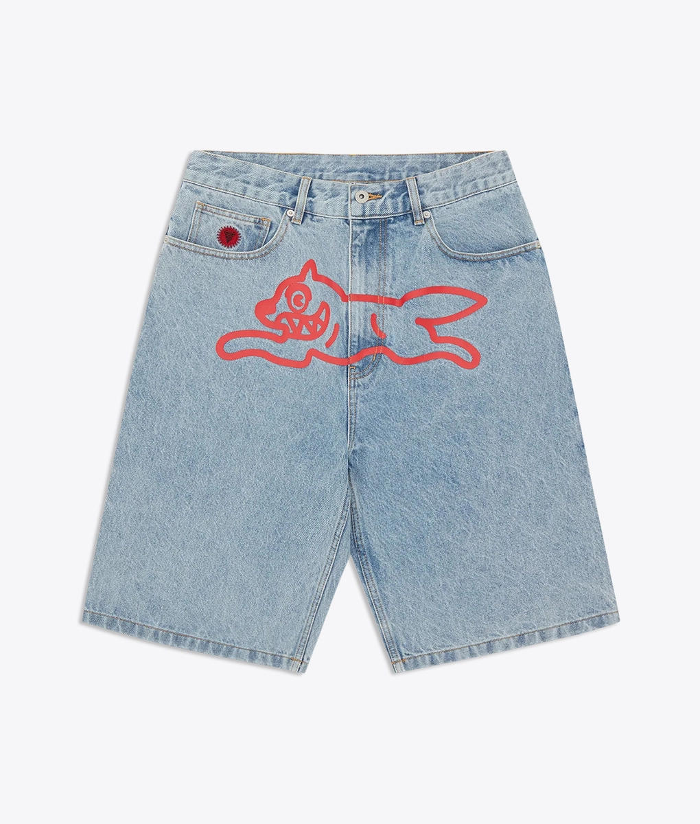 海外限定☆Icecream dog プリント デニムジーンズ ショートパンツ Icecream - HEAVY WASHED RUNNING DOG DENIM SHORT - VegNonVeg
