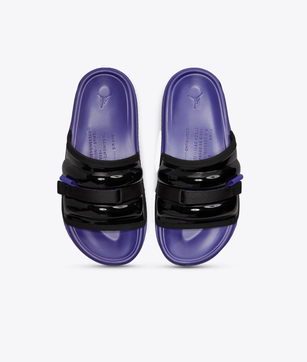 purple and black jordan slides