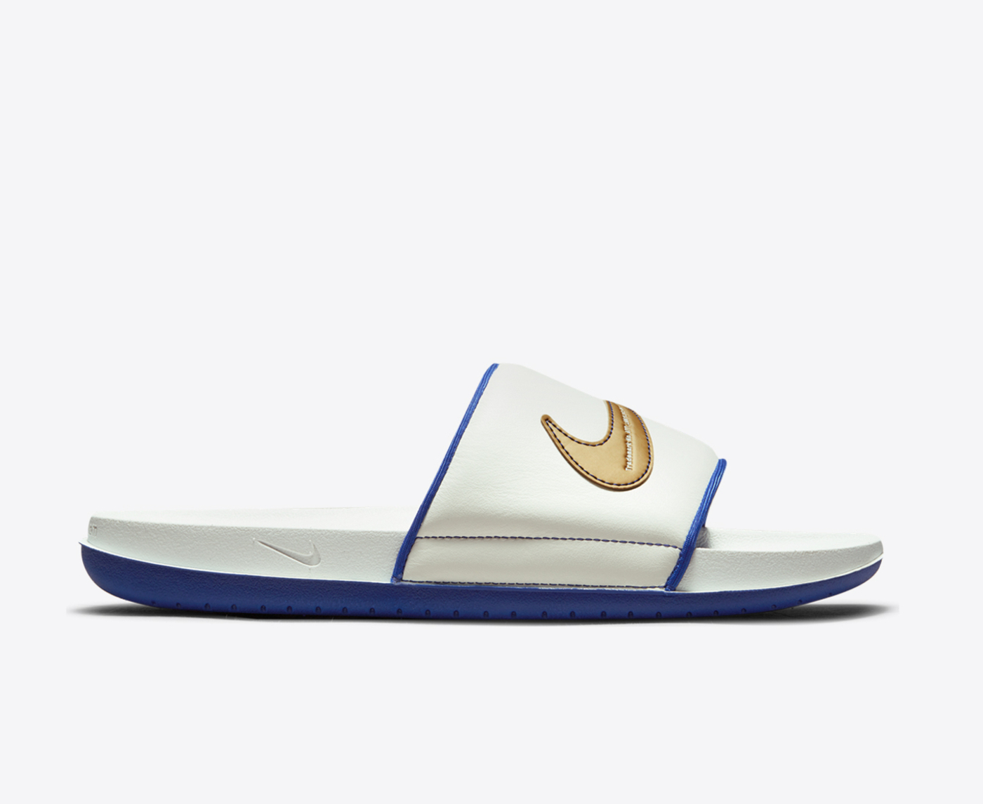 Blue nike slides with gold check best sale