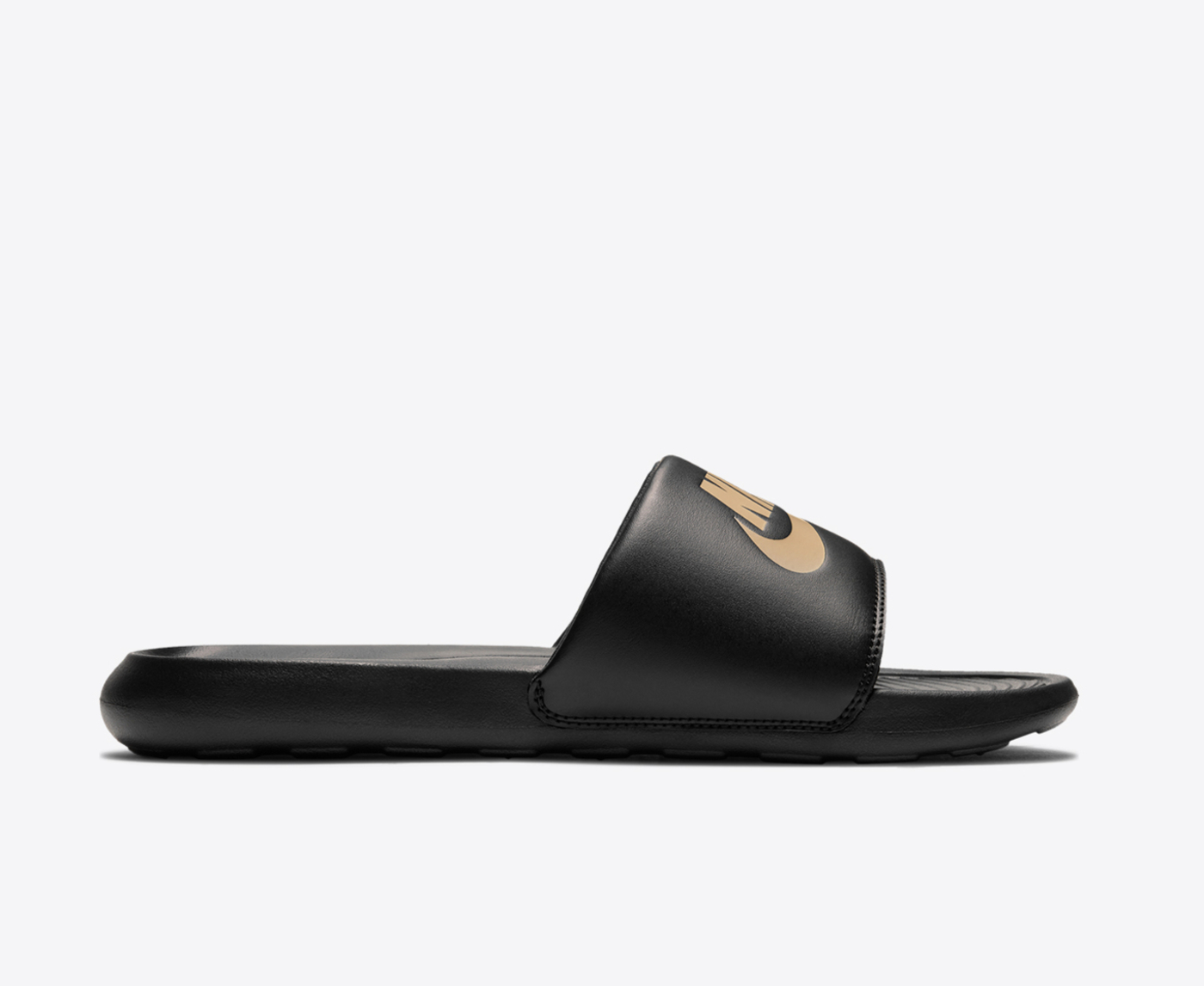 Black nike slides with gold swoosh hotsell