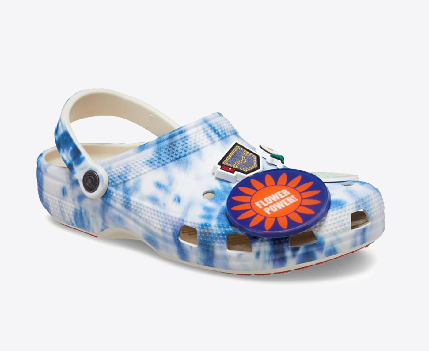 Crocs red white online and blue tie dye