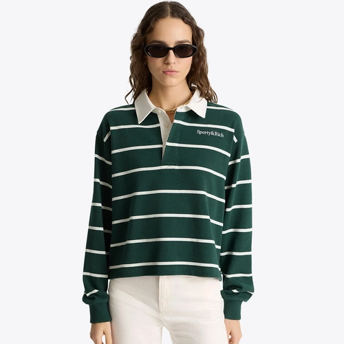 BELVET Striped Rugby Shirt 即完品 Front Row Sewn Stripe Long Sleeve Rugby Shirt, White, Medium