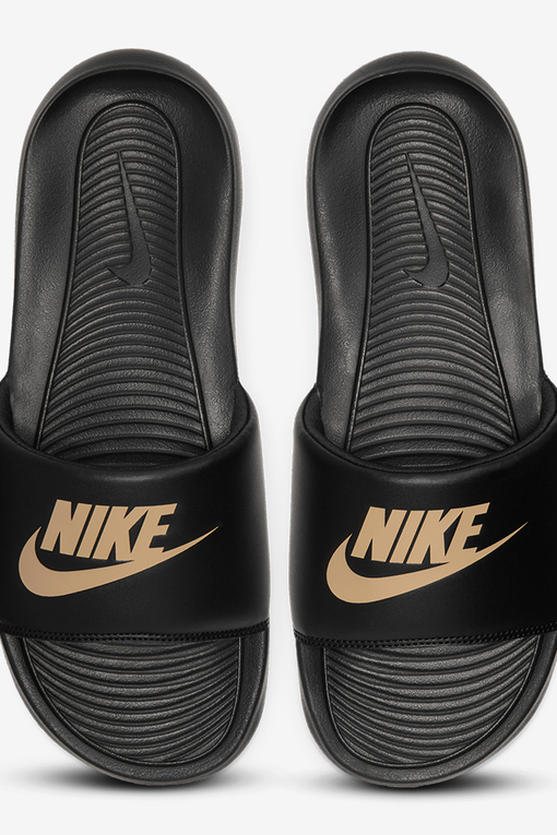 Black nike slides with hotsell gold swoosh