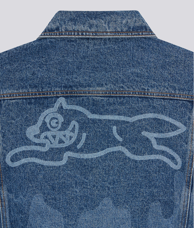 Mid Washed Lazer Drip Denim Trucker Jacket