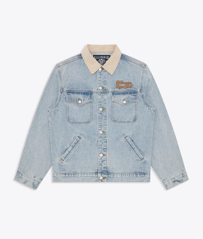 LIGHT WASHED SOUVENIR CORD COLLAR DENIM TRUCKER JACKET