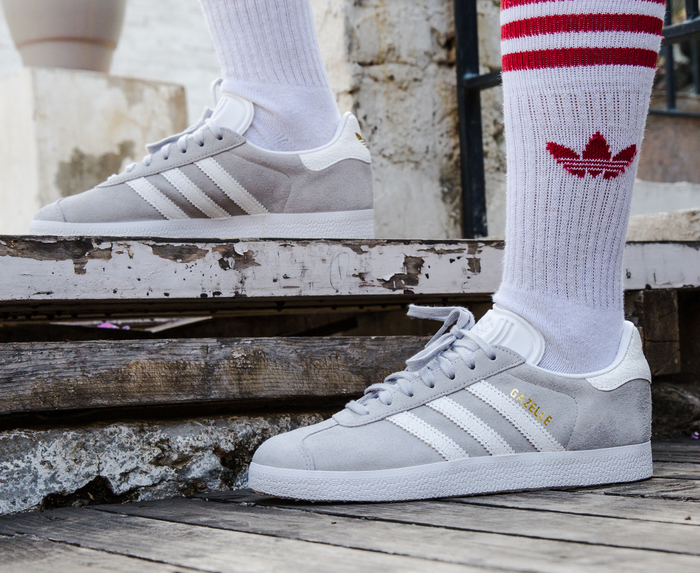 Adidas shops originals grey and white gazelle trainers