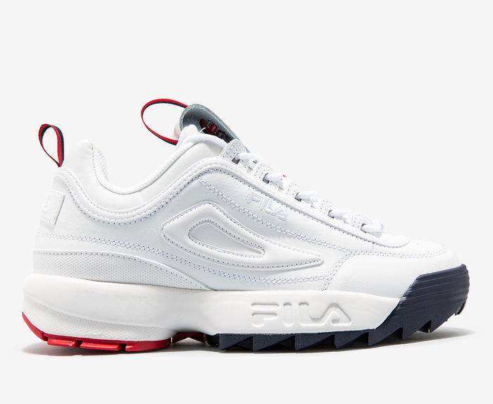 Fila disruptor white hot sale blue and red